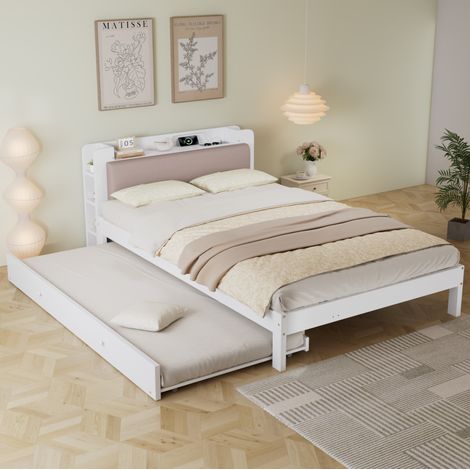 Cama de adulto de 120x200 cm en madera con cama nido de 90x190 cm, cabecero acolchado, LED y cargador, blanca (1/5)