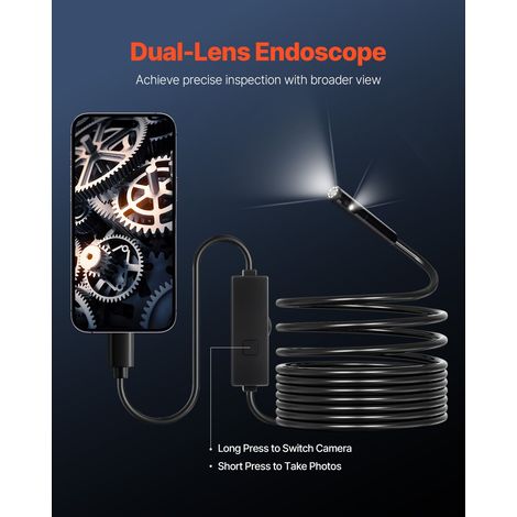 Caméra d'inspection endoscope étanche IP67, vidéoscope double objectif 1920P avec éclairage 8+1 LED, zoom 2x, câble semi-rigide 5m, pour auto et plomberie Android iOS (1/5)