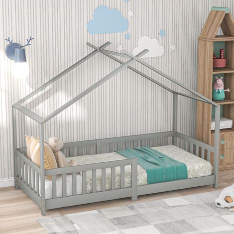 Letto a casetta bambini 90x200 cm con sponda, protezione anticaduta e rete a doghe, grigio, senza materasso (1/5)
