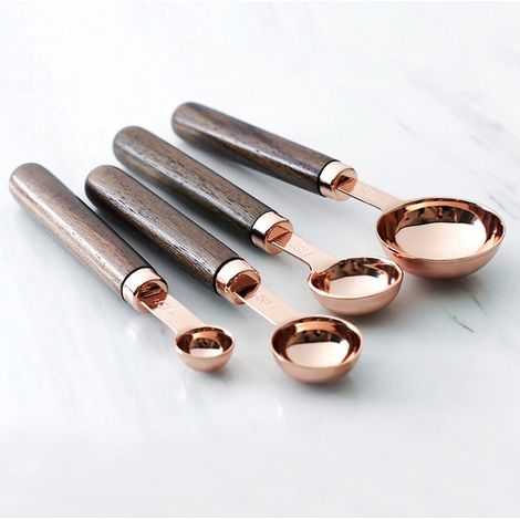 4-teiliges Messlöffel-Set aus Edelstahl, roségoldfarben, mit Holzgriff, Backformen (1/5)