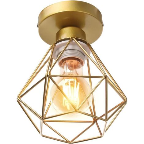 STOEX Plafonnier Industriel en Métal, Doré Suspension Luminaire Style Vintage Design forme Cage Diamant Rétro pour Salon Chambre Salle à manger (sans ampoule)
