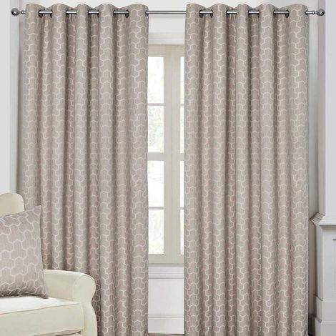 HOMESCAPES Natural Geometric Jacquard Blackout Eyelet Curtain Pair, 90 x 72" (1/4)