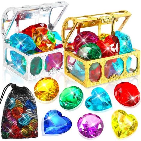 12 piezas de juguetes de piedras preciosas，Incluye 2 cofres del tesoro pirata，grandes juguetes de piedras preciosas para buceo (1/5)