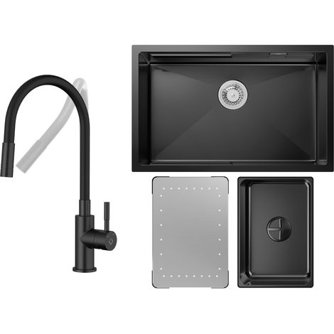 Fregadero de cocina 1,5 lavabo 70 x 44 cm fregadero de acero inoxidable fregadero bajo encimera antracita + grifo de cocina universal negro alto 380MM (1/5)