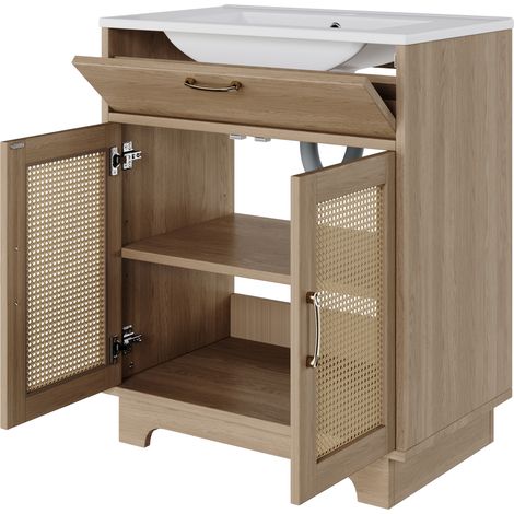 Meuble vasque de salle de bains sur pied 76x46x88cm, résistant à l'humidité, avec tiroir relevable et doubles portes à fermeture douce, pieds hauts avec détails en rotin, lavabo en céramique, naturel (1/5)