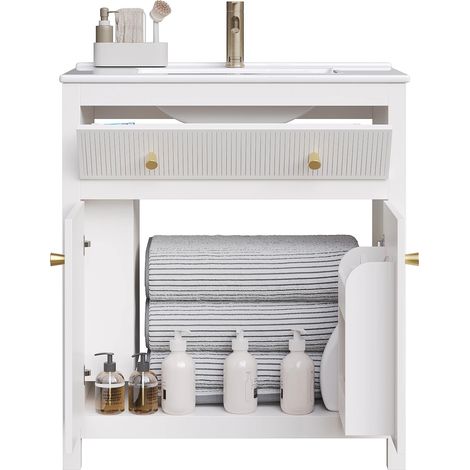 Meuble sous vasque Blanc,Meuble de salle de bain avec Vasque céramique,1 tiroir amorti ,grande porte,2 étagères intégrées,81x46,5cm