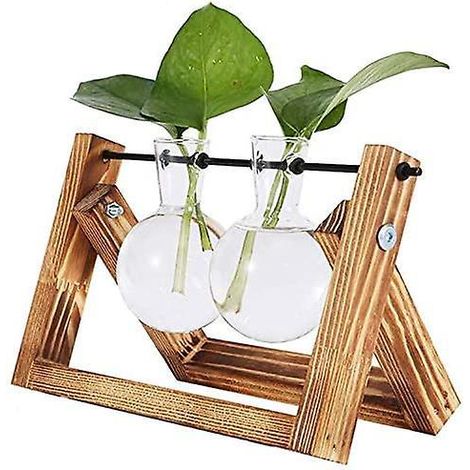 Braune Blumenzwiebelvase mit Vintage-Holzständer, einzigartige Dekoration für Hydrokulturpflanzen