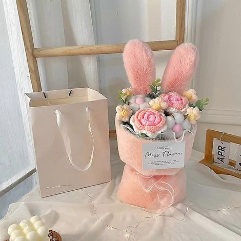 Bouquet de fleurs tricotées avec oreilles de lapin, bouquet en peluche avec oreilles de lapin et cordes en coton, bouquet de roses artificiellesrose (1/5)