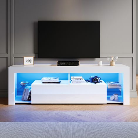 ELEGANT Modern TV Stands with LED Lights, Open Glass Shelves and Flip-Down Door Compartment, Suitable for Living Room and Bedroom, White, 1600x350x505mm (1/5)