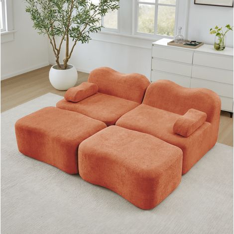 Canapé 2 places modulaire 192x167x70cm, Canapé droit en forme vague convertible, tissu velours Orange, 2 repose-pieds amovibles, sans montage (1/5)