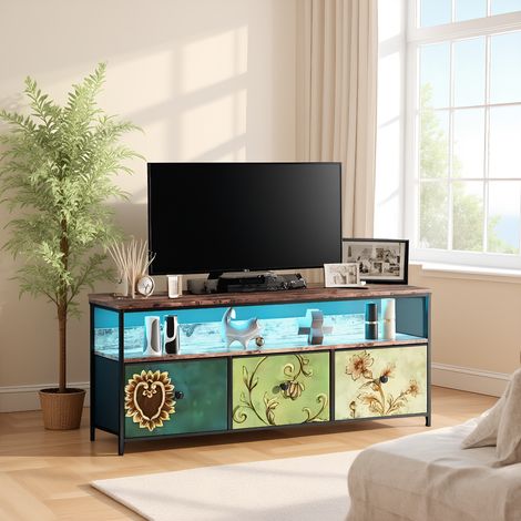 TV-Schrank mit LED, TV Lowboard mit 3 Schubladens und offenen Fächern, modern Fernsehschrank mit höhenverstellbaren Füßen, mit integriertes Kabelmanagement, Bunt, 108 x 29.8 x 57 cm (1/5)