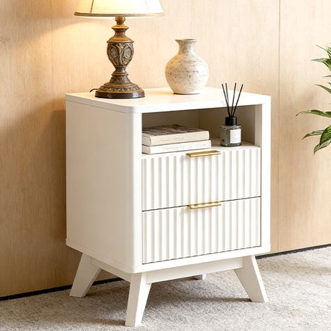 Table de chevet bois Moderne 18" Style Fluté avec Station de Charge, Meuble d'Appoint à 2 Tiroirs & Plateau Faux Marbre, Profil Courbé pour Chambre & Salon - Panneau de Particules Solid White (1/5)