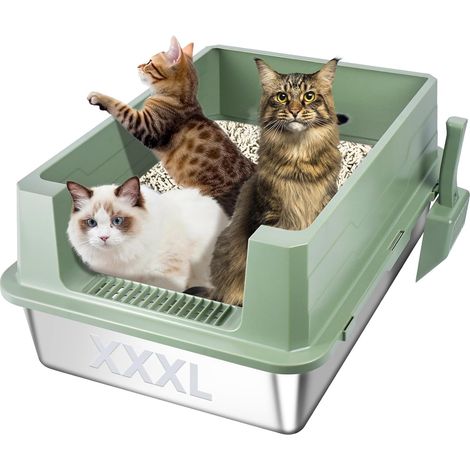 Stainless Steel Cat Litter Tray XXXL with High Sides 28" x 20" x 12" Extra Large Cat Litter Tray - Metal Litter Tray Leak-Proof Urine Leakproof Easy Clean (Green) (1/5)