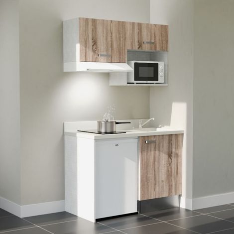 Kitchenette K02L - 120 cm - plan monobloc évier intégré Snova- évier à droite - Façades Bois + Electroménager inclus coloris Blanc