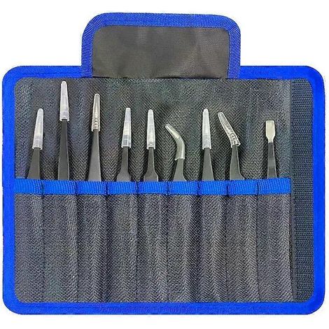 Ensemble de 9 pinces antistatiques ESD en acier inoxydable pour la maintenance et la réparation. Pinces courbes et droites de précision industrielle. (1/4)