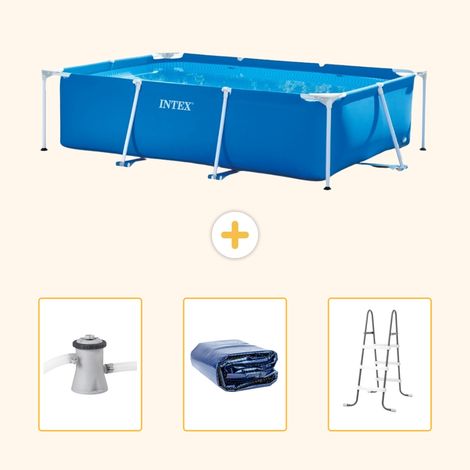 Intex – Piscine tubulaire rectangulaire 260x160x65 cm – 4 pièces – Pompe à filtre 1250L/h – Couverture solaire WAYS D'luxe – Échelle incluse