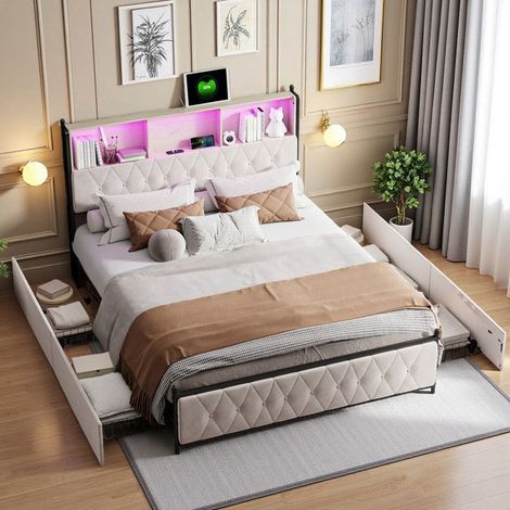 Letto matrimoniale 140x200 - Capitonné beige LED RGB - Testata in velluto - 4 cassetti integrati - Porte USB/Type-C