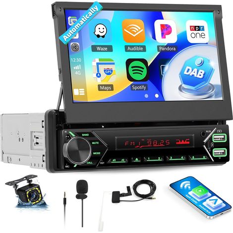Dab+ 1 Din Bluetooth Autoradio avec CarPlay et Android Auto sans Fil, Écran Tactile 7 Pouces avec Écran Motorisé Escamotable, Mirror Link/FM/USB Type C/AUX, Caméra de Recul (1/5)