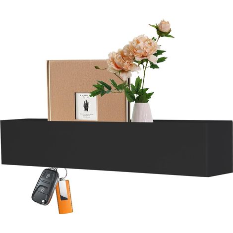 Plaque à clés de 43 cm avec étagère, patère, noir, style moderne, minimaliste, crochets cachés, porte-manteau mural avec étagère, en fer, pour meubles de couloir, chambre à coucher, cuisine (1/5)