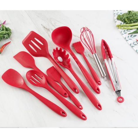 Ustensiles de cuisine en silicone, lot de 10 : Spoonula, pinceau, fouet, spatule, louche, tournevis fendu, cuillère, pinces, fourchette à pâtes - Rouge (1/4)