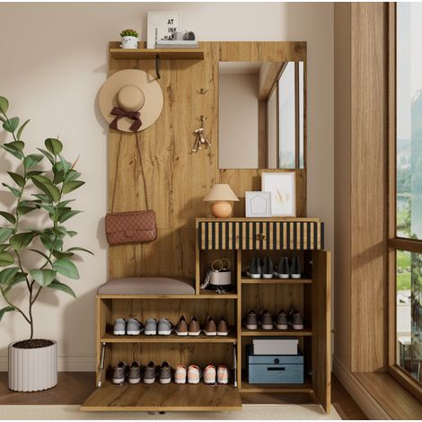Mobile d'ingresso con specchio e panca imbottita, porta scarpe in MDF, 110 x 37 x 185,5 cm (1/5)