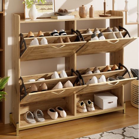 Schuhschrank 108.5x24x100 cm in Holzoptik aus MDF mit Metallrahmen, 4 Türen, platzsparend und vielseitig (1/5)