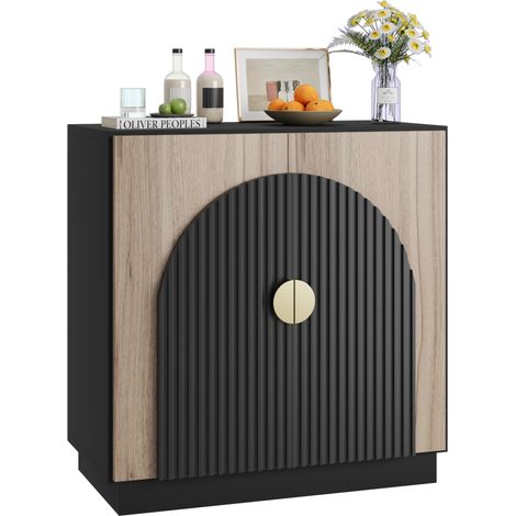 Buffet Moderne Mi-siècle, Portes Arquées, Panneaux Rainurés, Étagères Réglables, Rangement Modulable Élégant, Finition Noir Marron (1/5)