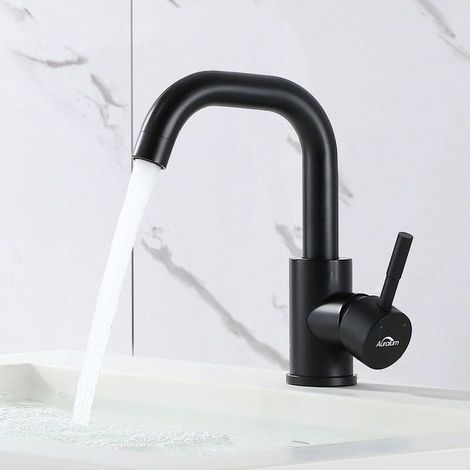 Mitigeur Lavabo Noir 360° Acier Inoxydable, Robinet Vasque à Poser Sept-Forme, Eau Chaude/Froide, Hauteur 250mm, Rotation Totale, Conçu pour Salle de Bain (1/5)