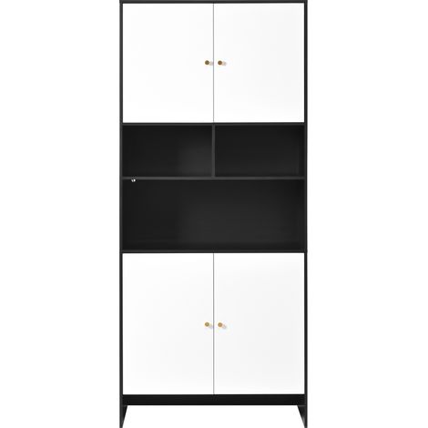CAIziMeuble polyvalent / buffet avec 4 portes et 3 compartiments ouverts, bicolore noir et blanc, en bois. Idéal pour le salon, la chambre et la cuisine. Dimensions: 80 x 40 x 185 cm (1/5)