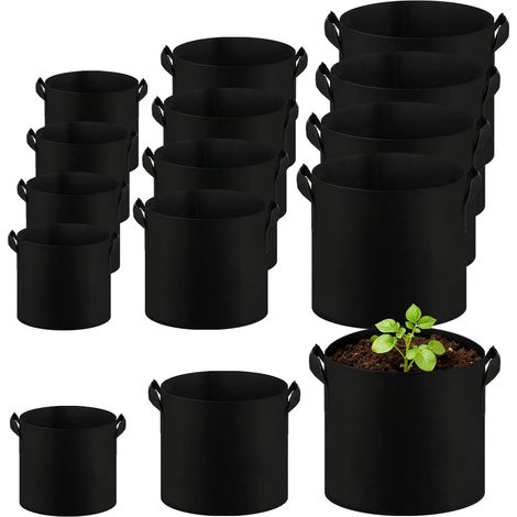 Lot de 15 pots en tissu de 11 l, 18 l, 27 l - Sac de plantation en tissu non tissé - Noir - Pour tomates, pommes de terre, légumes, fleurs (1/5)