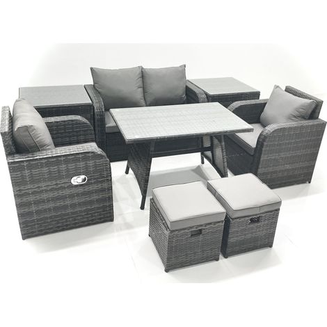 Fimous Gartenmöbel-Set Rattan Sofa Esstisch Set mit Liegestühle 2 kleinen Hockern 2 Beistelltisch Dunkelgrau Gemischt (1/5)