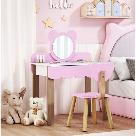 Toeletta per bambini con sgabello, specchio in acrilico, cassetto, rosa DESVIAE (1/5)