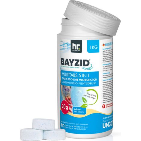 1 kg Bayzid Pastilles de Chlore pour Piscine(20g), Chlore Multifonction 5 en 1, Entretien Complet en 5 Phases, Fabriqué en Europe (1/5)