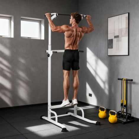 Barra de Dominadas Altura Regulable Estación de Fondos Resistente para Gimnasio en Casa Entrenamiento de Fuerza Blanco (1/5)