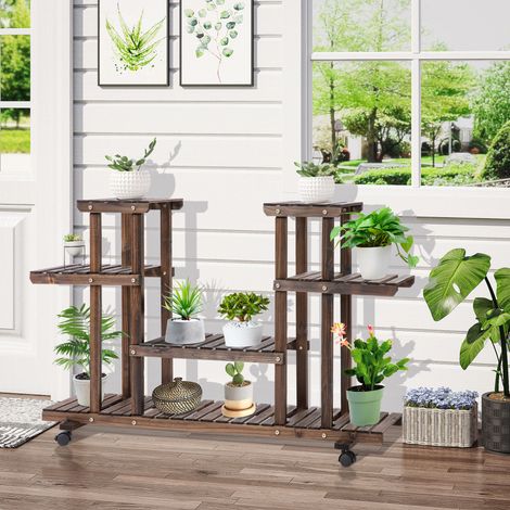 Scaffale portafiori 123.5x33x80 cm, 6 ripiani, mobile con 4 ruote, in legno, marrone scuro (1/5)