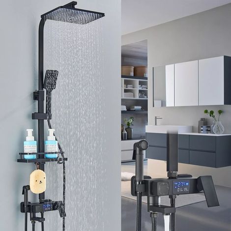 Zamery – Colonne de douche thermostatique noire – Système de douche pluie mural – Pommeau 25cm – Douchette à main flexible 1,5m – Acier inoxydable