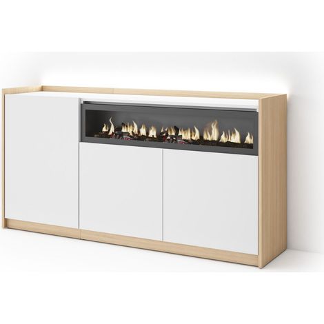 Skraut Home - Aparador para salón, Gran capacidad de almacenaje, 156x37x80cm, 3 Puertas, Chimenea eléctrica, LED, Estilo Moderno, Blanco y roble soft (1/5)