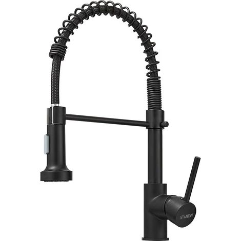 Stanew – Robinet cuisine mitigeur à douchette pivotante 360° – 2 modes de pulvérisation – Laiton et acier inoxydable – Surface noire mate antitache