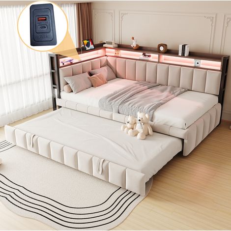 Sofá cama (211.5x101.5x90 cm), convertible en cama extensible, con LED y puertos USB, tela beige (1/5)