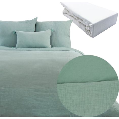 Parure 260x240 FABRIK gaze de coton AMANDE + DH blanc 180x200 (1/4)