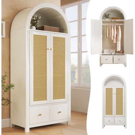 Armoire penderie avec Cannage en Rotin, 2 portes 2 tiroirs, étagère ouverte semi-ronde, fermeture magnétique, tringle vêtements, 181x78x45 cm, Blanc