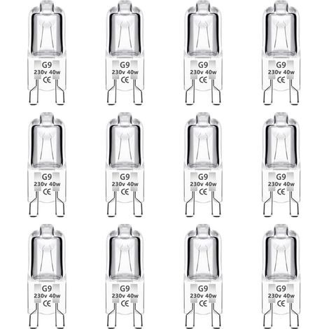 Pack of 12 G9 40W 230V Dimmable Halogen Bulbs, 0-100%, 480LM, Warm White 2700K, G9 Bi-Pin Base Halogen Lamp, Flicker-Free, for Ovens, Chandeliers, Landscape Lamps, Cabinet Lighting (1/5)