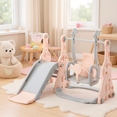4-in-1 Kinderrutsche, Rutschenset mit Basketballkorb, Schaukelstuhl und Schaukel, modern Basketballkorb, Freistehende Rutsche, für Kleinkinder Indoor und Outdoor, Rosa (1/5)