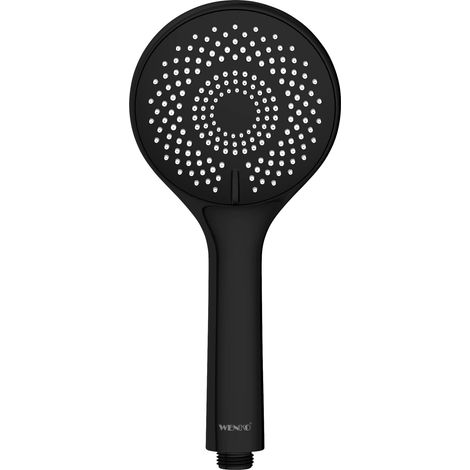 WENKO Soffione doccia Watersaving, soffione con 3 getti, fino al 40% di risparmio idrico senza compromettere la pressione dell'acqua, attacco universale 1/2", in plastica ABS, diametro 11 cm, nero opa (1/5)