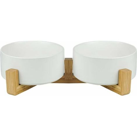 Blanc Pet Gamelles pour Chien et Chat Gamelles Chien Chat Céramique Support Bambou -Va au Lave-Vaisselle et Facile à Nettoyer (2 Bol)-Fei Yu