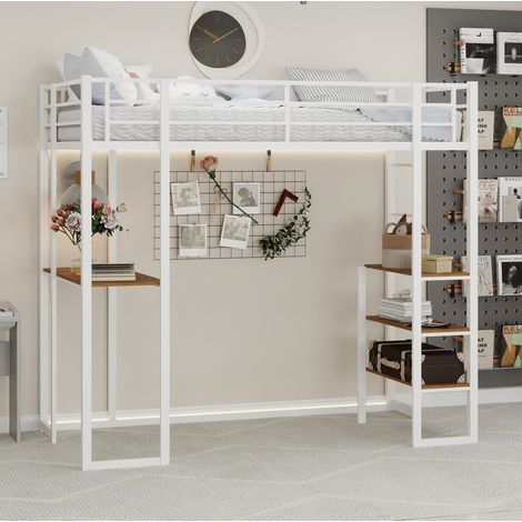 Lit mezzanine 90 x 200 cm en fer blanc avec bureau intégré et rangements, gain de place (1/5)
