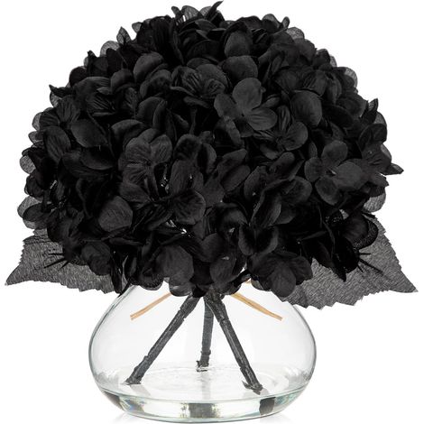 Fleurs artificielles d'hortensia avec vase en verre - Arrangements de fleurs artificielles en soie noire dans un vase avec fausse eau - Bouquet floral en vrac pour décoration d'intérieur (1/5)