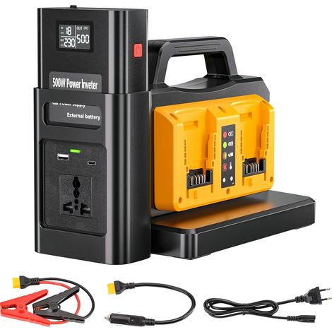 Onduleur sinusoïdal Pure 500W pour Batterie 18V (Pas de Batterie), convertit 18V CC vers 230V CA, avec Prise de Charge Voiture, pour Camping et urgences (4 Ports) (1/5)