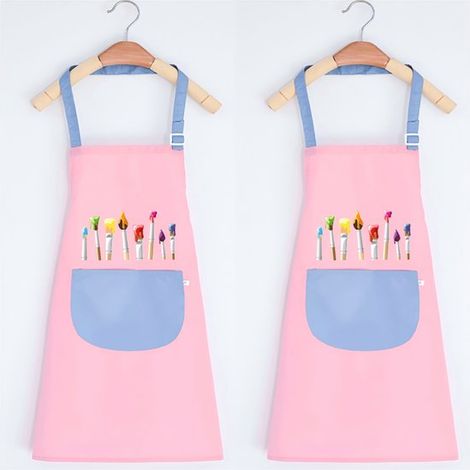 Delantal infantil de dibujo de 2 piezas，Conjunto de delantal，Delantal de cocina ajustable，Delantal impermeable，Ideal para dibujar，65 x 45 cm，Rosa (1/5)