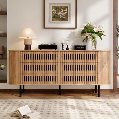 Buffet 160 x 40 x 70 cm avec 6 tiroirs, commode à lattes ajourées en MDF, pieds en métal robustes, charge maximale de 70 kg, meuble de rangement pour salon ou entrée, finition bois naturel (1/5)